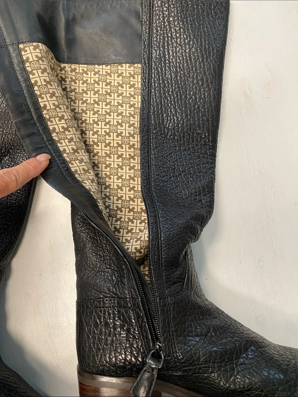 Tory Burch black pebbled knee-high riding boots